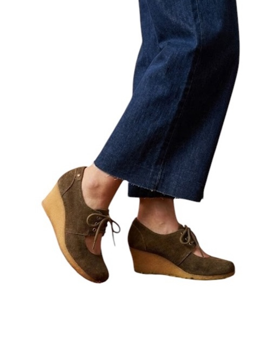 Clarks Olive Brown Suede Lace-Up Wedge Sneakers